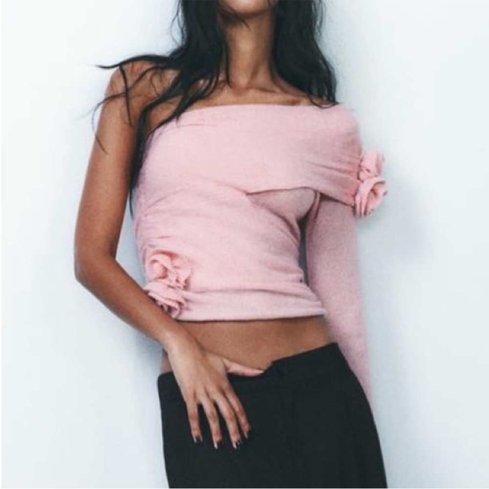 Zara Embroidered Floral Knit One Shoulder Top Size S NWT boho cottage feminine